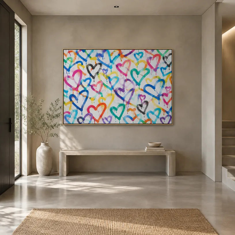 Peinture à l'huile d'amour graffiti présentant un sujet romantique exprimé à travers la forme et la couleur picturales.