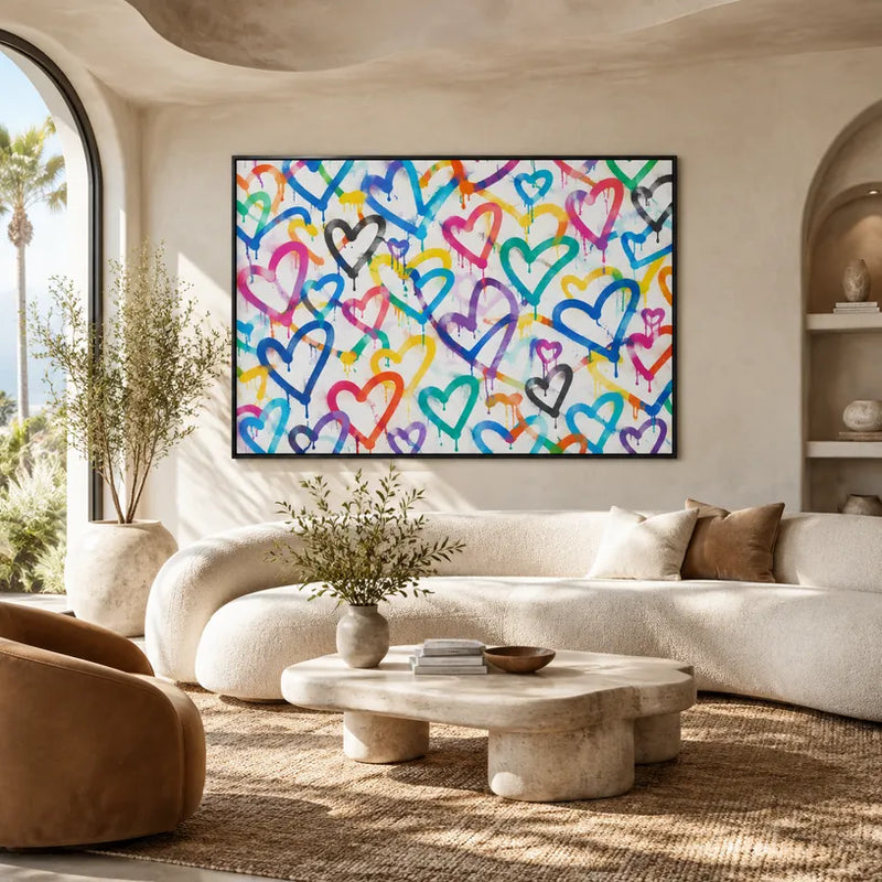 Dipinto ad olio Graffiti Love con un soggetto romantico espresso attraverso forma e colore pittorici.