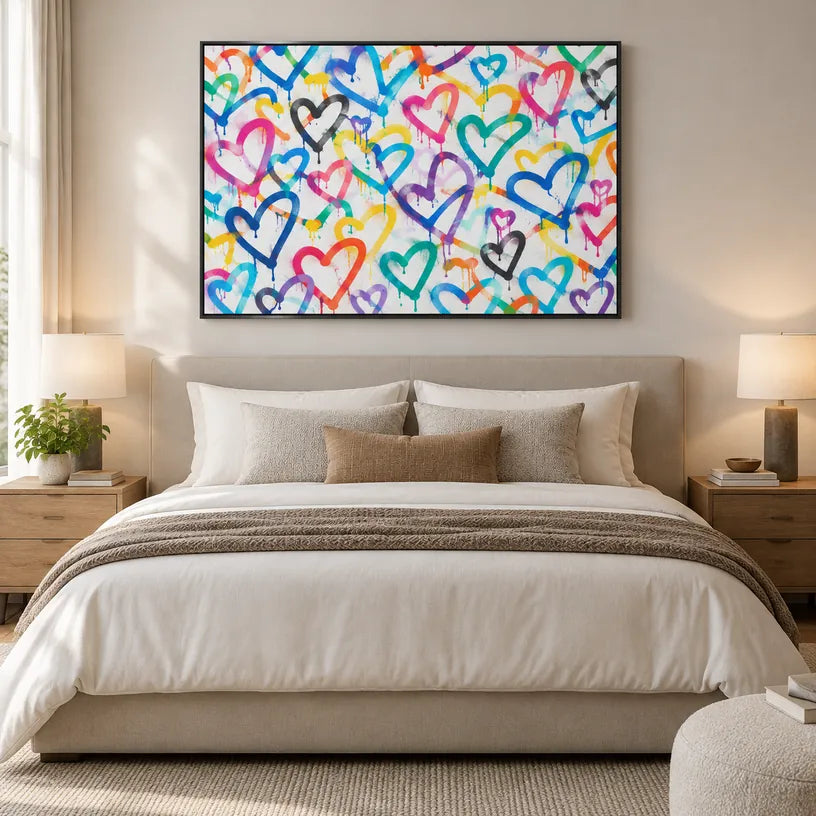 Dipinto ad olio Graffiti Love con un soggetto romantico espresso attraverso forma e colore pittorici.