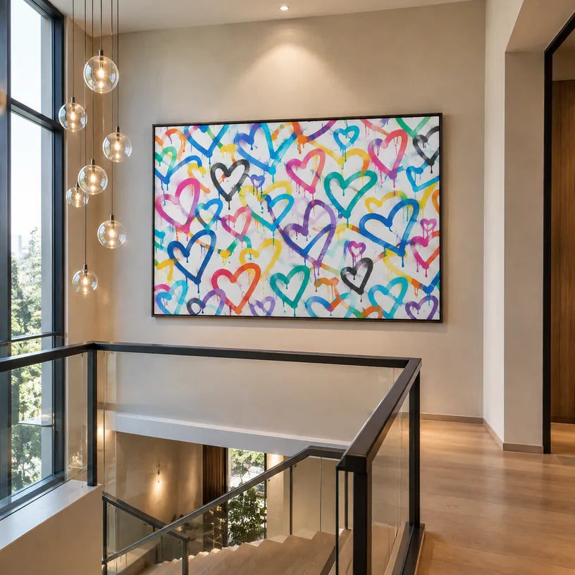 Dipinto ad olio Graffiti Love con un soggetto romantico espresso attraverso forma e colore pittorici.