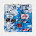 Pintura al óleo abstracta y conceptual de graffiti con marcas abstractas en capas, textura y movimiento pictórico expresivo en una paleta azul.