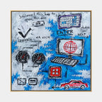 Pintura al óleo abstracta y conceptual de graffiti con marcas abstractas en capas, textura y movimiento pictórico expresivo en una paleta azul.