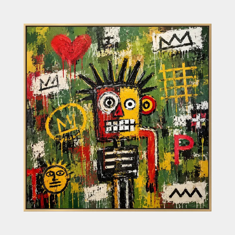 Peinture à l'huile de dessin animé graffiti présentant un sujet graphique ludique avec des détails picturaux vivants dans une palette verte.