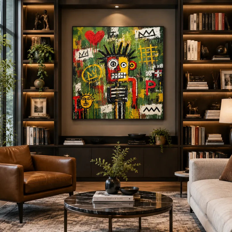 Peinture à l'huile de dessin animé graffiti présentant un sujet graphique ludique avec des détails picturaux vivants dans une palette verte.