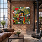 Peinture à l'huile de dessin animé graffiti présentant un sujet graphique ludique avec des détails picturaux vivants dans une palette verte.