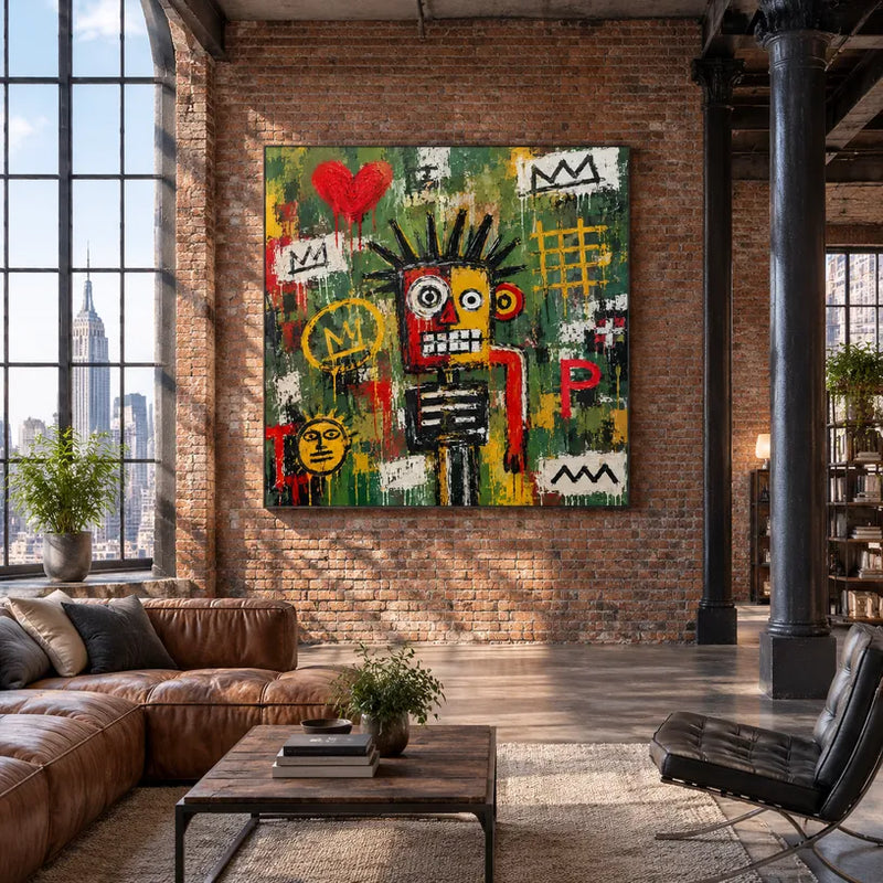 Peinture à l'huile de dessin animé graffiti présentant un sujet graphique ludique avec des détails picturaux vivants dans une palette verte.