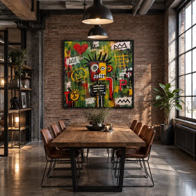 Peinture à l'huile de dessin animé graffiti présentant un sujet graphique ludique avec des détails picturaux vivants dans une palette verte.