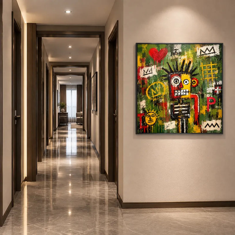 Peinture à l'huile de dessin animé graffiti présentant un sujet graphique ludique avec des détails picturaux vivants dans une palette verte.
