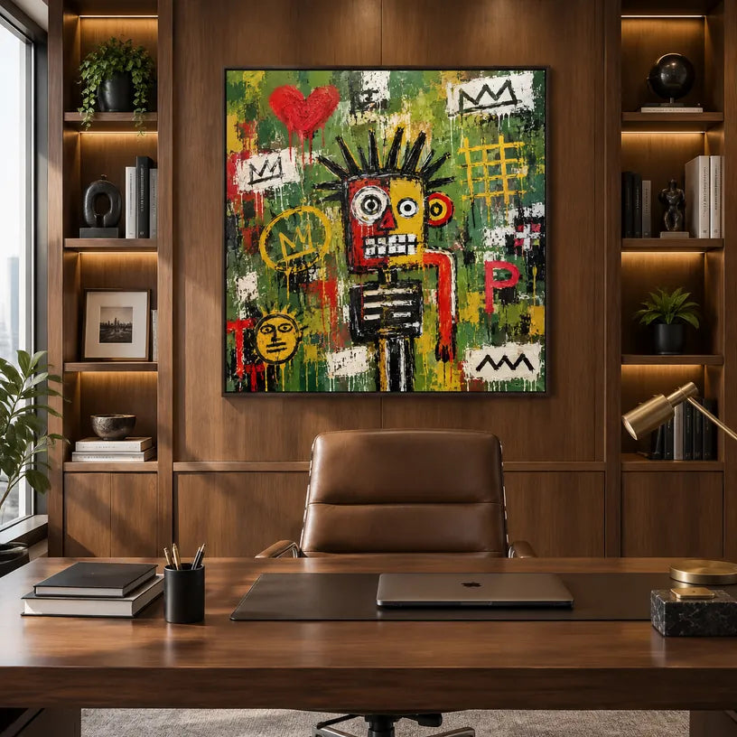 Peinture à l'huile de dessin animé graffiti présentant un sujet graphique ludique avec des détails picturaux vivants dans une palette verte.