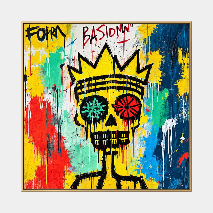 Retrato de graffiti y pintura al óleo de figuras que presentan una figura o retrato expresivo representado con detalles pictóricos en una paleta amarilla.