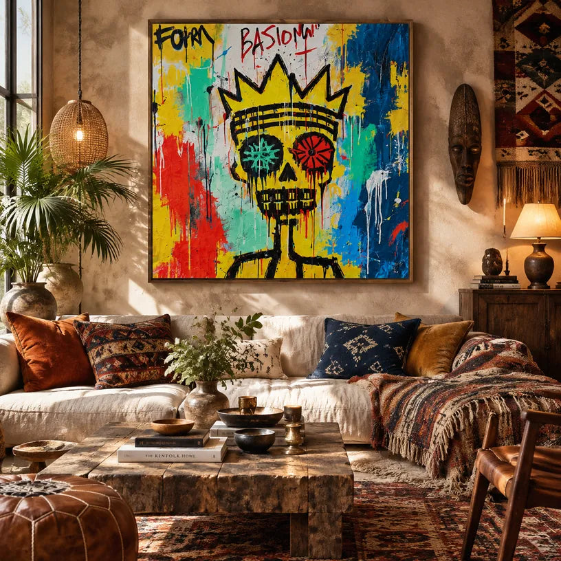 Portrait graffiti et peinture à l'huile représentant une figure ou un portrait expressif rendu avec des détails picturaux dans une palette jaune.