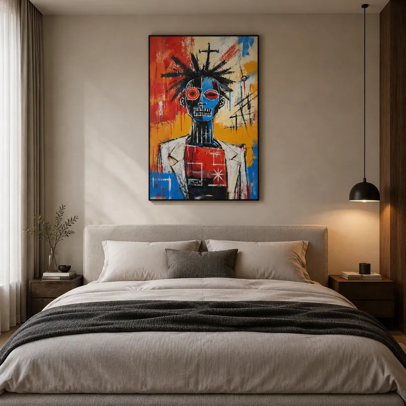 Ritrattistica di graffiti e pittura a olio con figure espressive o ritratti resi con dettagli pittorici in una tavolozza rossa.