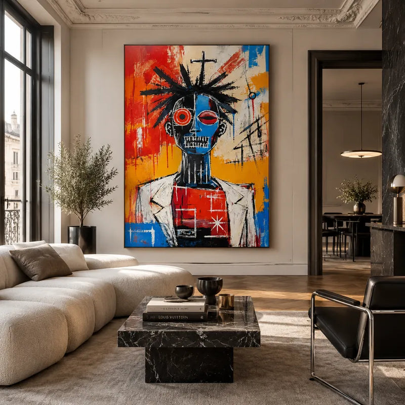 Ritrattistica di graffiti e pittura a olio con figure espressive o ritratti resi con dettagli pittorici in una tavolozza rossa.
