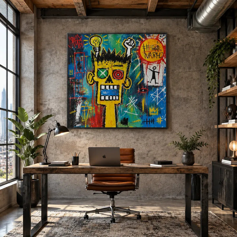 Graffiti-Cartoon-Ölgemälde mit einem verspielten grafischen Motiv und lebendigen malerischen Details.