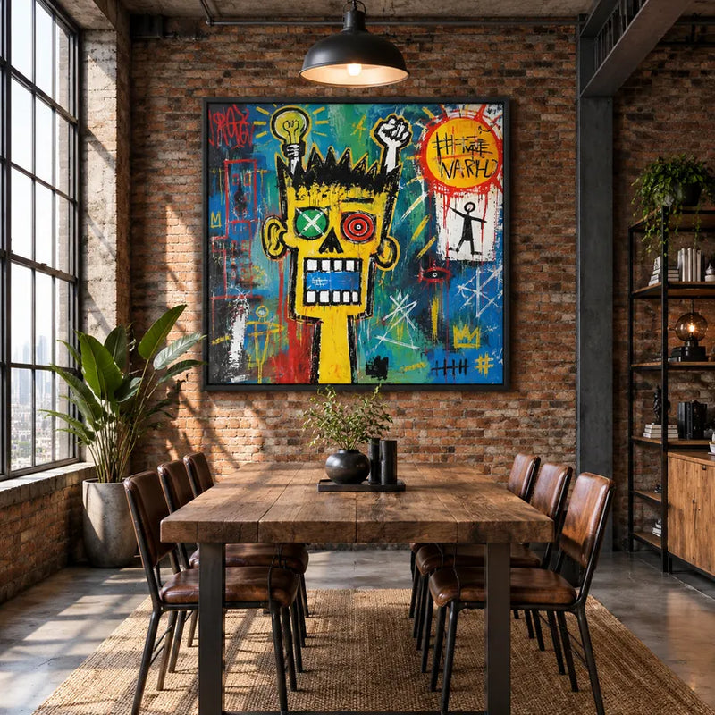 Graffiti-Cartoon-Ölgemälde mit einem verspielten grafischen Motiv und lebendigen malerischen Details.