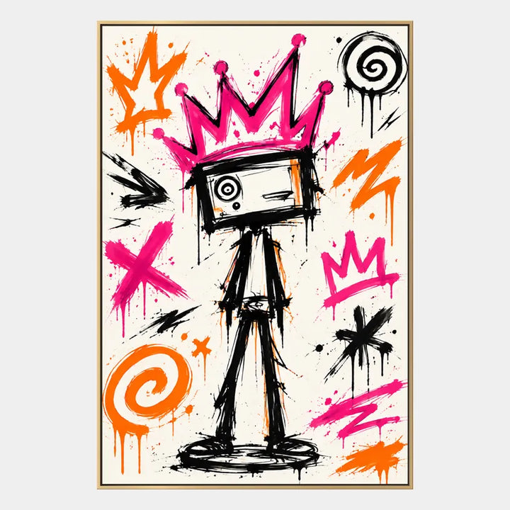 Dipinto a olio a forma di cartone animato con graffiti, caratterizzato da un soggetto grafico giocoso con vivaci dettagli pittorici.