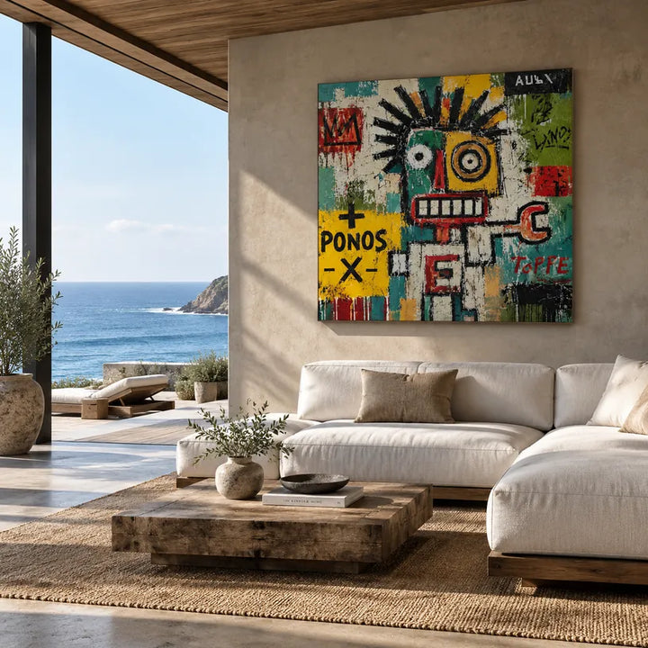 Pittura a olio astratta e concettuale di graffiti con segni astratti stratificati, consistenza e movimento pittorico espressivo.