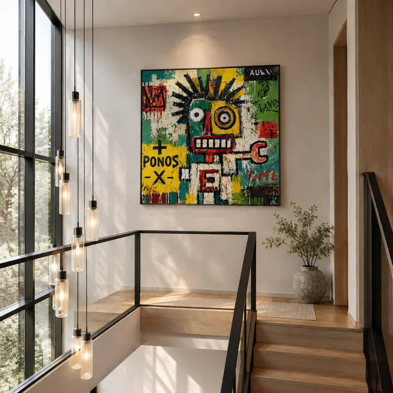 Pittura a olio astratta e concettuale di graffiti con segni astratti stratificati, consistenza e movimento pittorico espressivo.