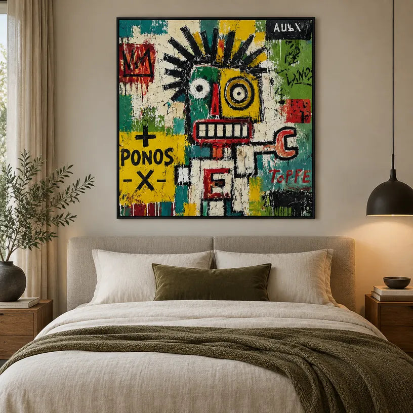 Pittura a olio astratta e concettuale di graffiti con segni astratti stratificati, consistenza e movimento pittorico espressivo.