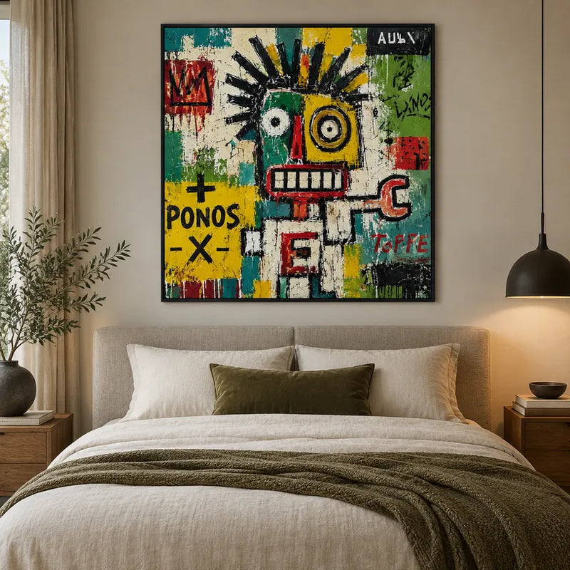 Pittura a olio astratta e concettuale di graffiti con segni astratti stratificati, consistenza e movimento pittorico espressivo.