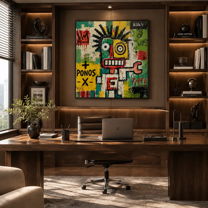 Pittura a olio astratta e concettuale di graffiti con segni astratti stratificati, consistenza e movimento pittorico espressivo.