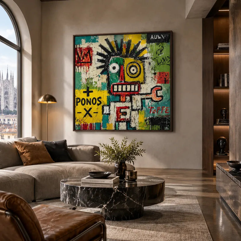 Pittura a olio astratta e concettuale di graffiti con segni astratti stratificati, consistenza e movimento pittorico espressivo.