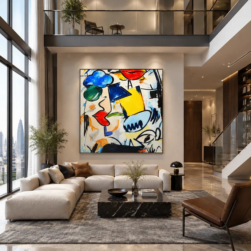 Ritrattistica di graffiti e pittura a olio con figure espressive o ritratti resi con dettagli pittorici in una tavolozza beige.