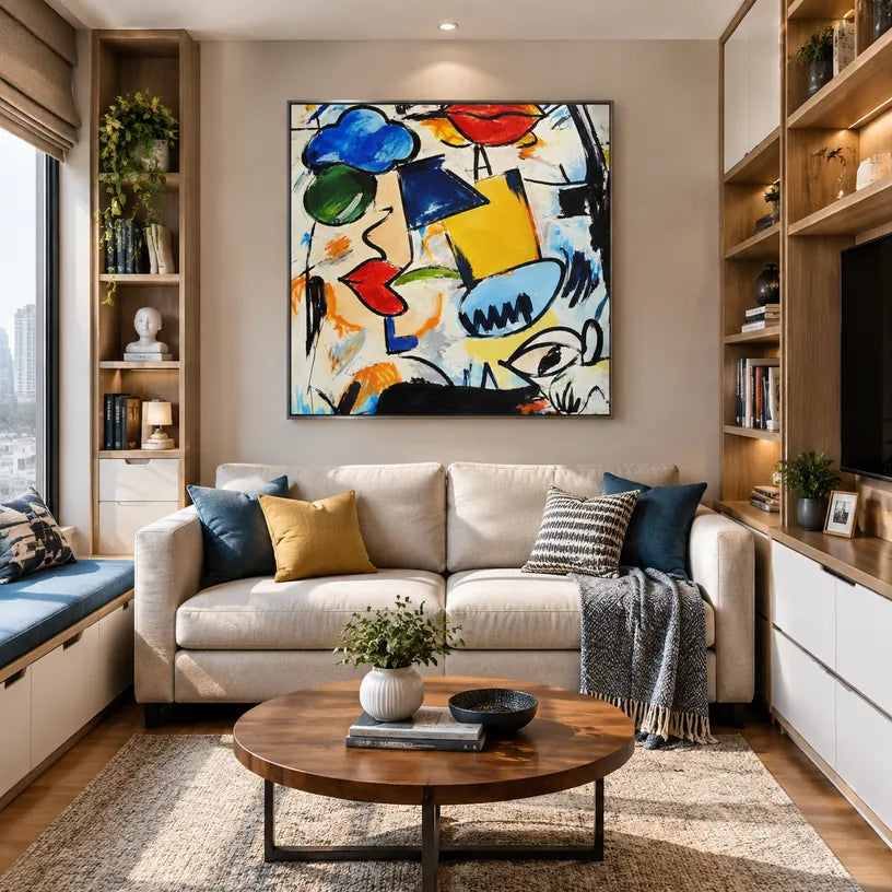 Ritrattistica di graffiti e pittura a olio con figure espressive o ritratti resi con dettagli pittorici in una tavolozza beige.