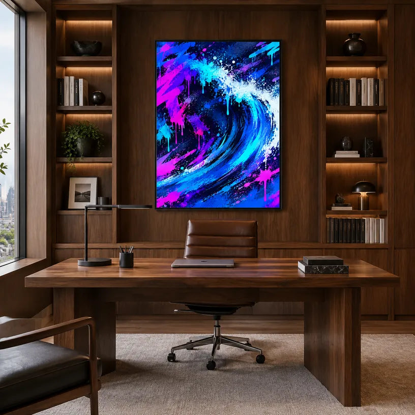 Pittura a olio astratta e concettuale di graffiti con segni astratti stratificati, consistenza e movimento pittorico espressivo in una tavolozza blu.