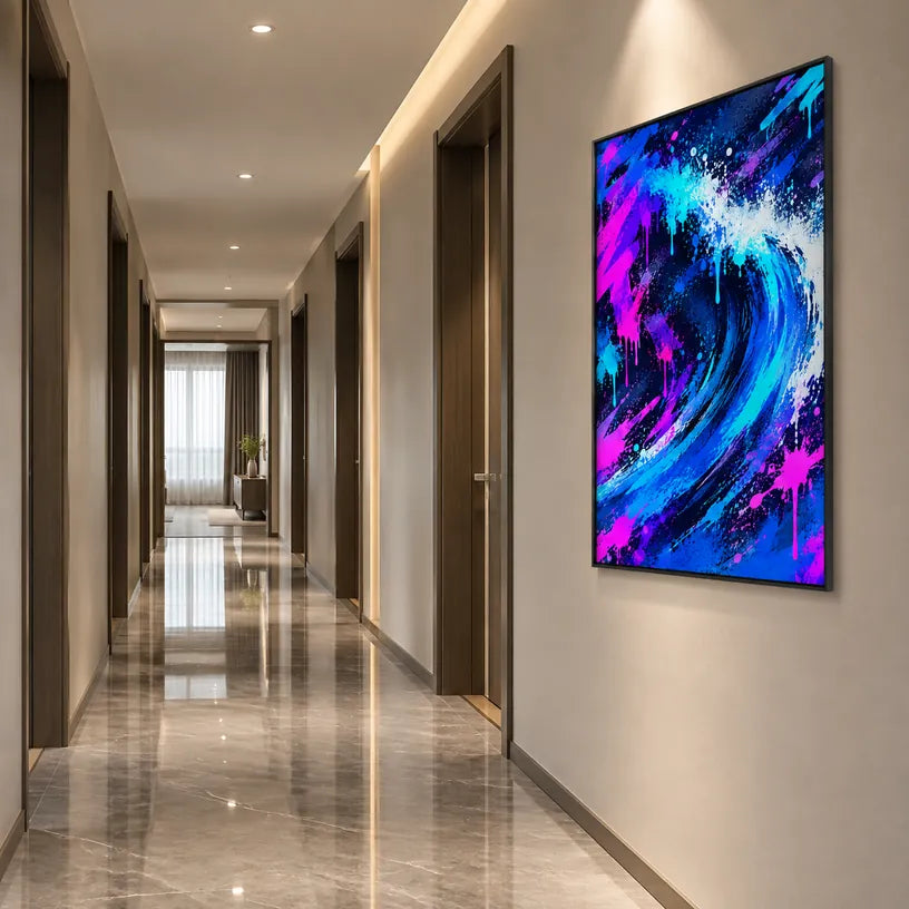Peinture à l'huile abstraite et conceptuelle de graffitis présentant des marques abstraites superposées, une texture et un mouvement pictural expressif dans une palette bleue.