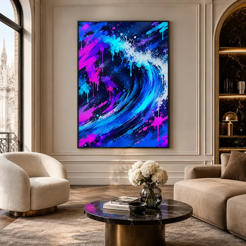 Peinture à l'huile abstraite et conceptuelle de graffitis présentant des marques abstraites superposées, une texture et un mouvement pictural expressif dans une palette bleue.