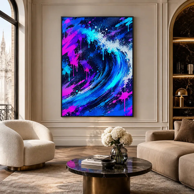 Peinture à l'huile abstraite et conceptuelle de graffitis présentant des marques abstraites superposées, une texture et un mouvement pictural expressif dans une palette bleue.