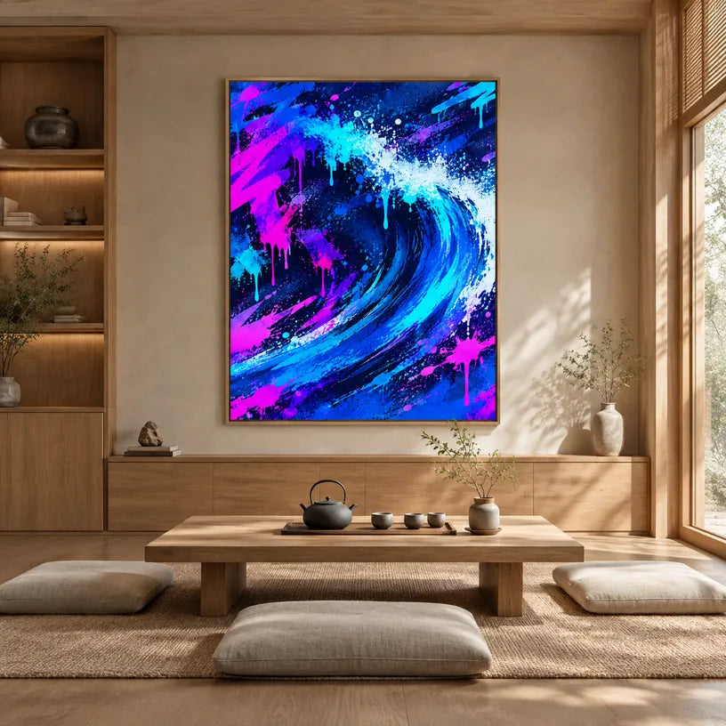 Peinture à l'huile abstraite et conceptuelle de graffitis présentant des marques abstraites superposées, une texture et un mouvement pictural expressif dans une palette bleue.