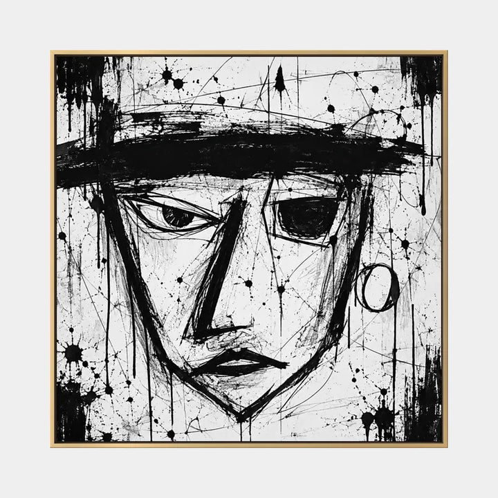 Ritrattistica di graffiti e pittura a olio con figure espressive o ritratti resi con dettagli pittorici in una tavolozza di bianco e nero.