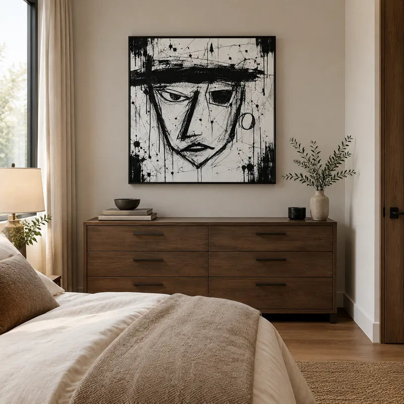 Graffiti-Porträt- und Figurenölgemälde mit einer ausdrucksstarken Figur oder einem Porträt mit malerischen Details in einer Schwarz-Weiß-Palette.