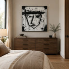 Graffiti-Porträt- und Figurenölgemälde mit einer ausdrucksstarken Figur oder einem Porträt mit malerischen Details in einer Schwarz-Weiß-Palette.