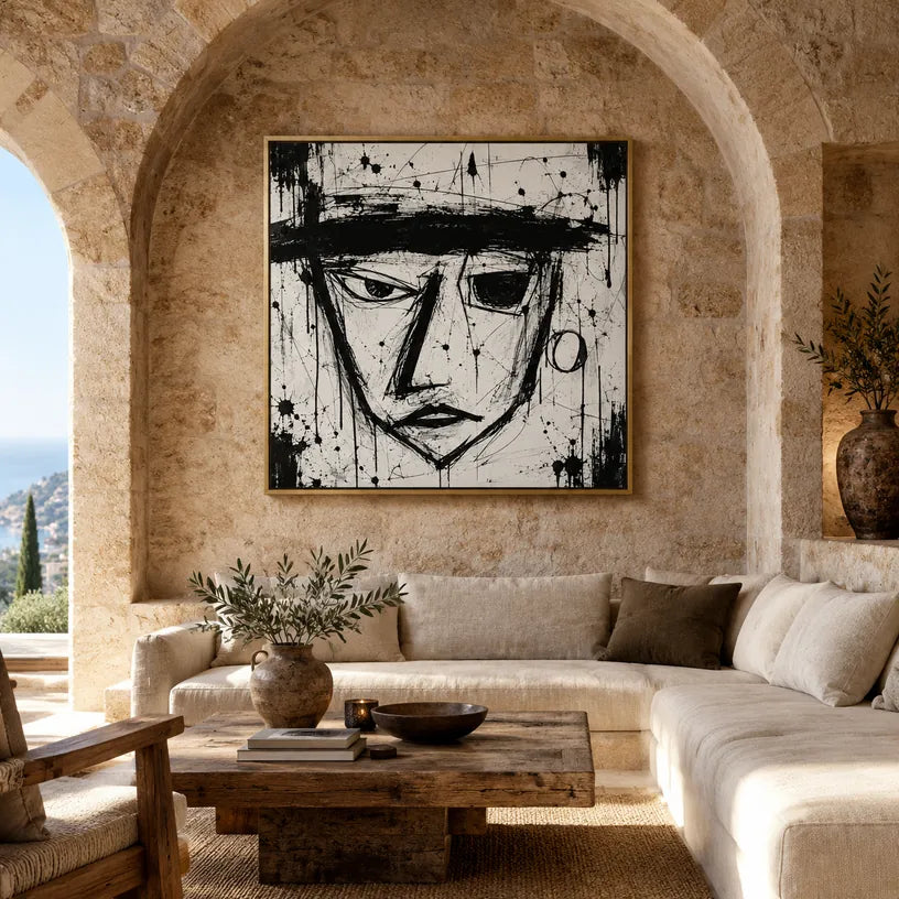 Graffiti-Porträt- und Figurenölgemälde mit einer ausdrucksstarken Figur oder einem Porträt mit malerischen Details in einer Schwarz-Weiß-Palette.