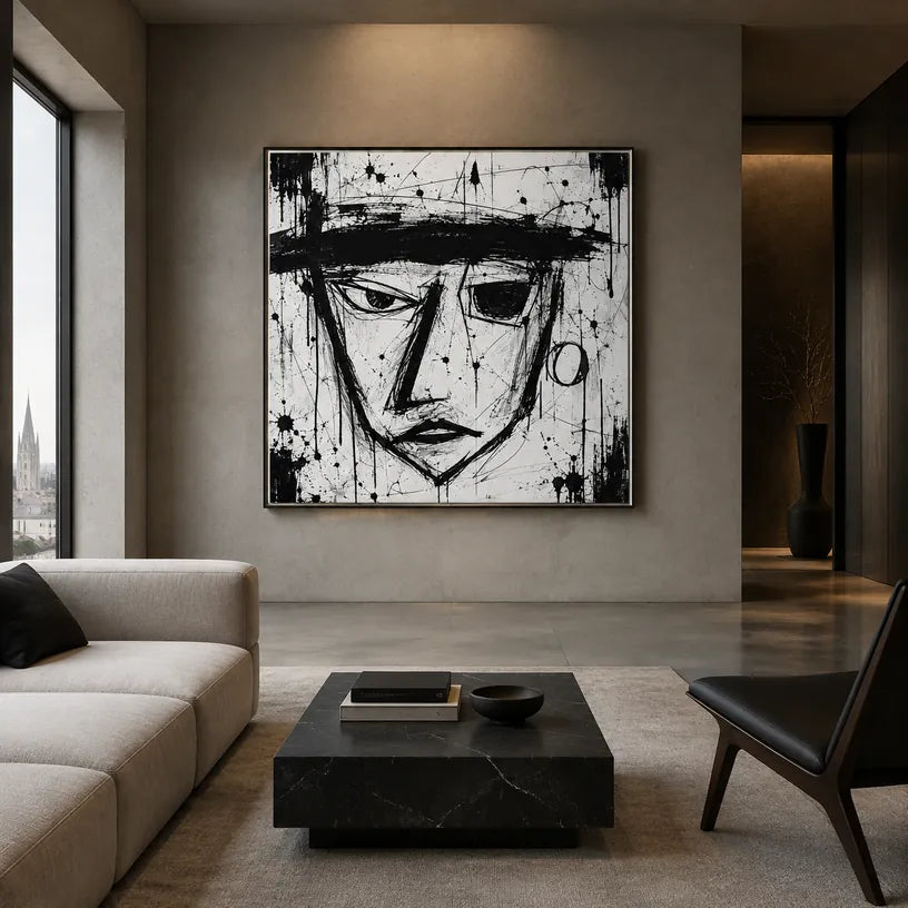 Graffiti-Porträt- und Figurenölgemälde mit einer ausdrucksstarken Figur oder einem Porträt mit malerischen Details in einer Schwarz-Weiß-Palette.