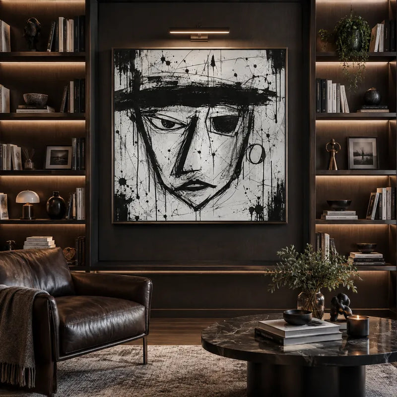 Graffiti-Porträt- und Figurenölgemälde mit einer ausdrucksstarken Figur oder einem Porträt mit malerischen Details in einer Schwarz-Weiß-Palette.