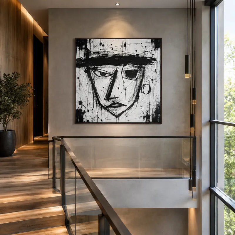 Graffiti-Porträt- und Figurenölgemälde mit einer ausdrucksstarken Figur oder einem Porträt mit malerischen Details in einer Schwarz-Weiß-Palette.