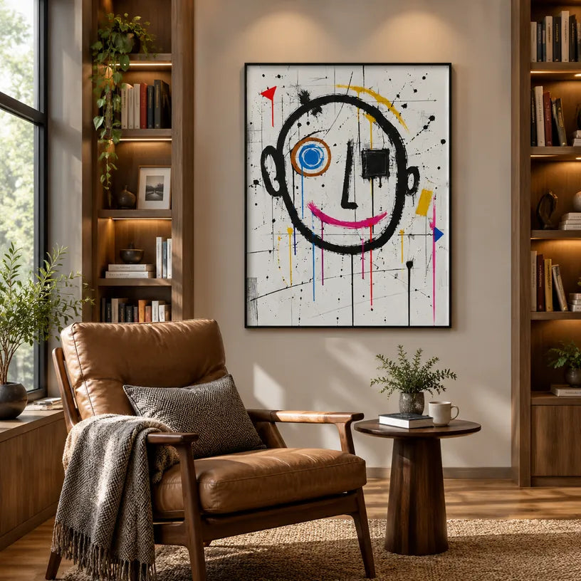 Abstraktes und konzeptuelles Graffiti-Ölgemälde mit geschichteten abstrakten Zeichen, Textur und ausdrucksstarker malerischer Bewegung.