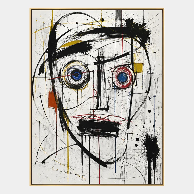 Portrait graffiti et peinture à l'huile représentant une figure ou un portrait expressif rendu avec des détails picturaux dans une palette noir et blanc.