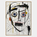 Portrait graffiti et peinture à l'huile représentant une figure ou un portrait expressif rendu avec des détails picturaux dans une palette noir et blanc.