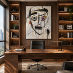 Portrait graffiti et peinture à l'huile représentant une figure ou un portrait expressif rendu avec des détails picturaux dans une palette noir et blanc.