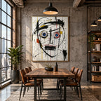 Portrait graffiti et peinture à l'huile représentant une figure ou un portrait expressif rendu avec des détails picturaux dans une palette noir et blanc.