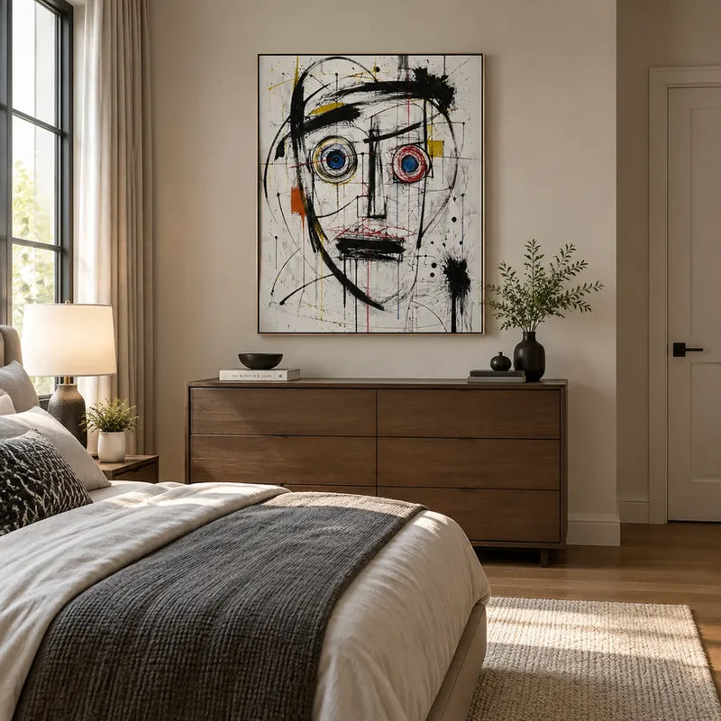 Portrait graffiti et peinture à l'huile représentant une figure ou un portrait expressif rendu avec des détails picturaux dans une palette noir et blanc.