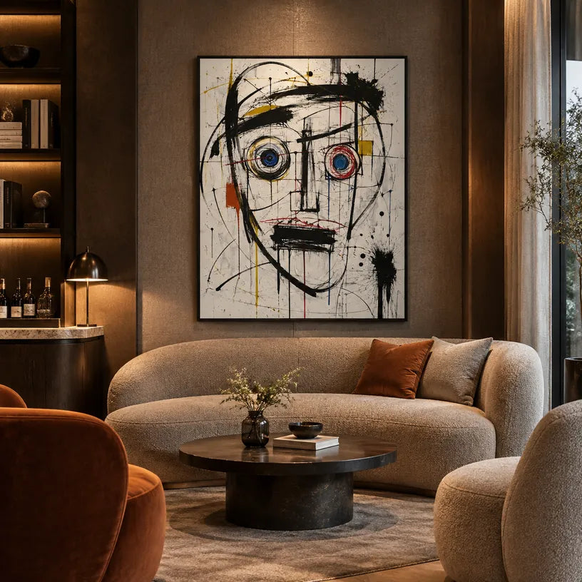 Portrait graffiti et peinture à l'huile représentant une figure ou un portrait expressif rendu avec des détails picturaux dans une palette noir et blanc.