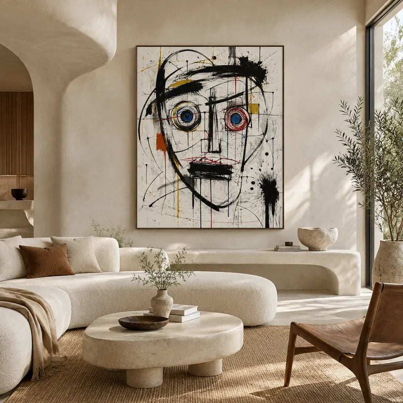Portrait graffiti et peinture à l'huile représentant une figure ou un portrait expressif rendu avec des détails picturaux dans une palette noir et blanc.