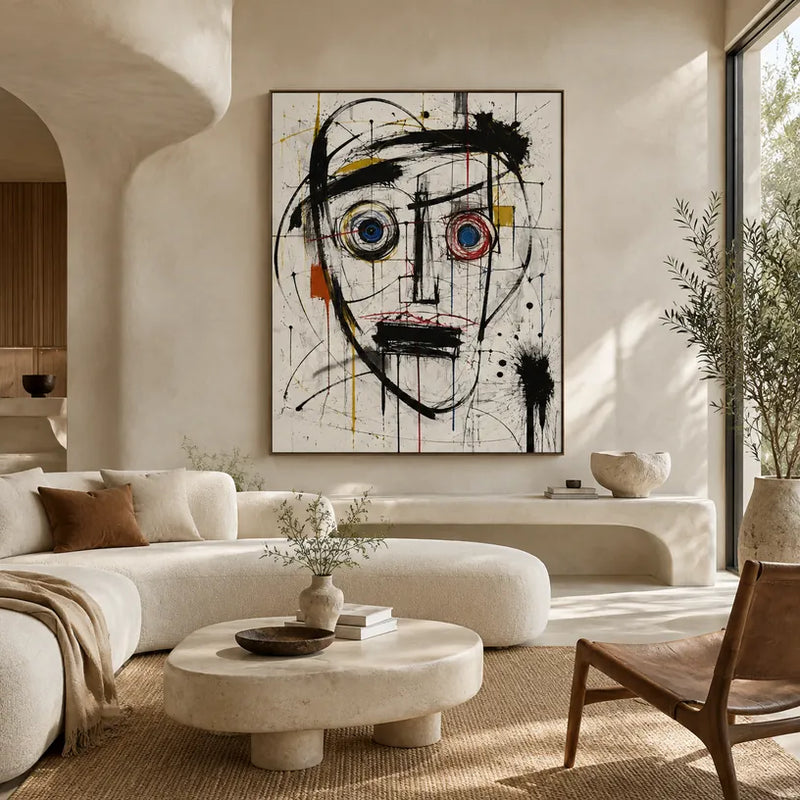 Portrait graffiti et peinture à l'huile représentant une figure ou un portrait expressif rendu avec des détails picturaux dans une palette noir et blanc.