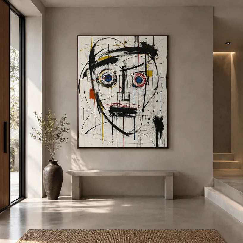 Portrait graffiti et peinture à l'huile représentant une figure ou un portrait expressif rendu avec des détails picturaux dans une palette noir et blanc.